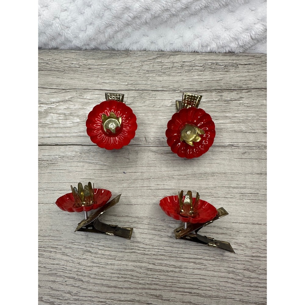 Vintage Red Metal Flower Christmas Tree Candle Holder Clips Set of 4 Mid Century